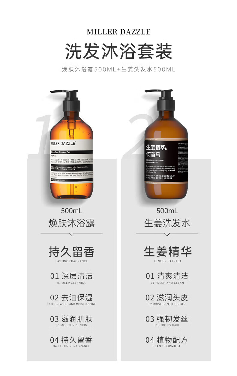 MILLERDAZZLE洗发沐浴套装包括焕肤沐浴露500ML和生姜洗发水500ML，采用生姜植萃和何首乌成分。产品具有持久留香的生姜精华，深层清洁和去油保湿功效，让肌肤保持滋润，同时清爽清洁头皮，滋润头皮，强韧发丝。整个套装体现了MLLERDAZZLE品牌对健康和自然美的追求。